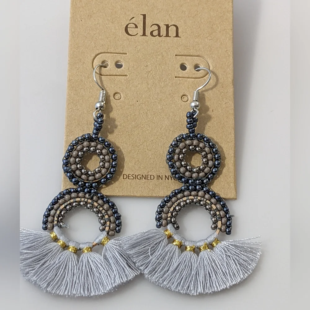 Boho Grey & Gold Tassel Earrings - Picture 3 of 4